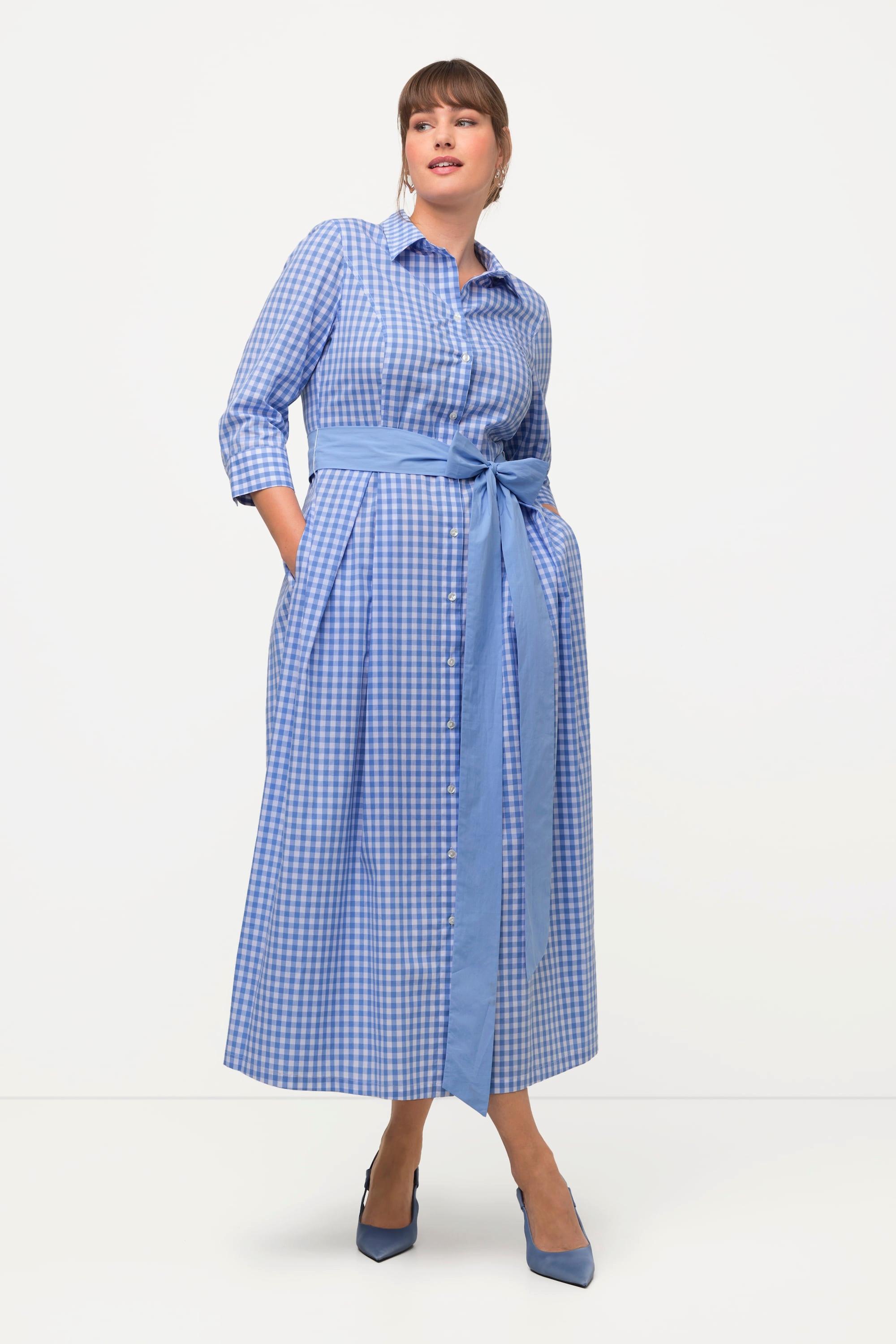 Ulla Popken  Robe chemisier à carreaux Vichy, col chemise et manches 3/4 