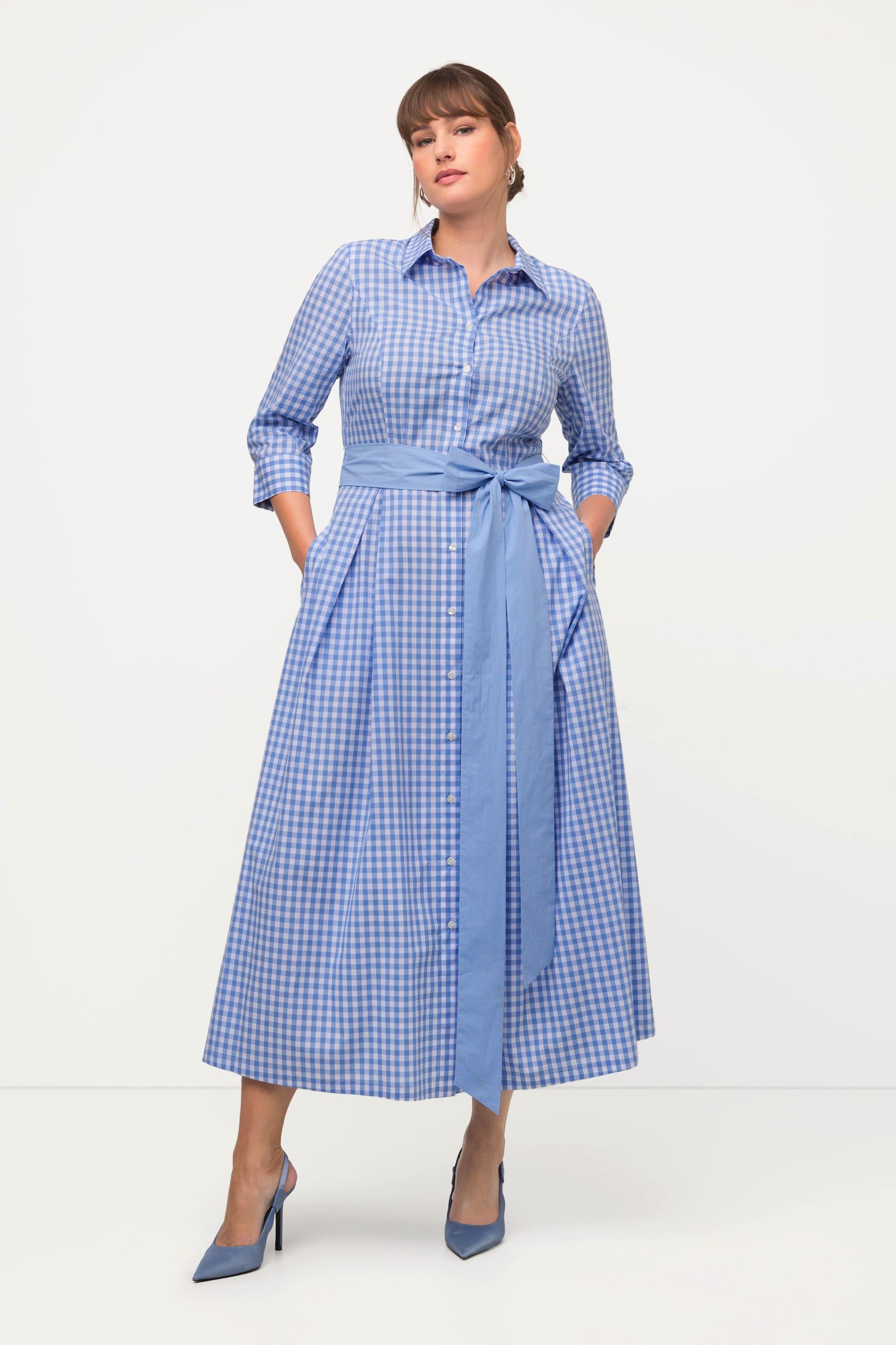 Ulla Popken  Robe chemisier à carreaux Vichy, col chemise et manches 3/4 