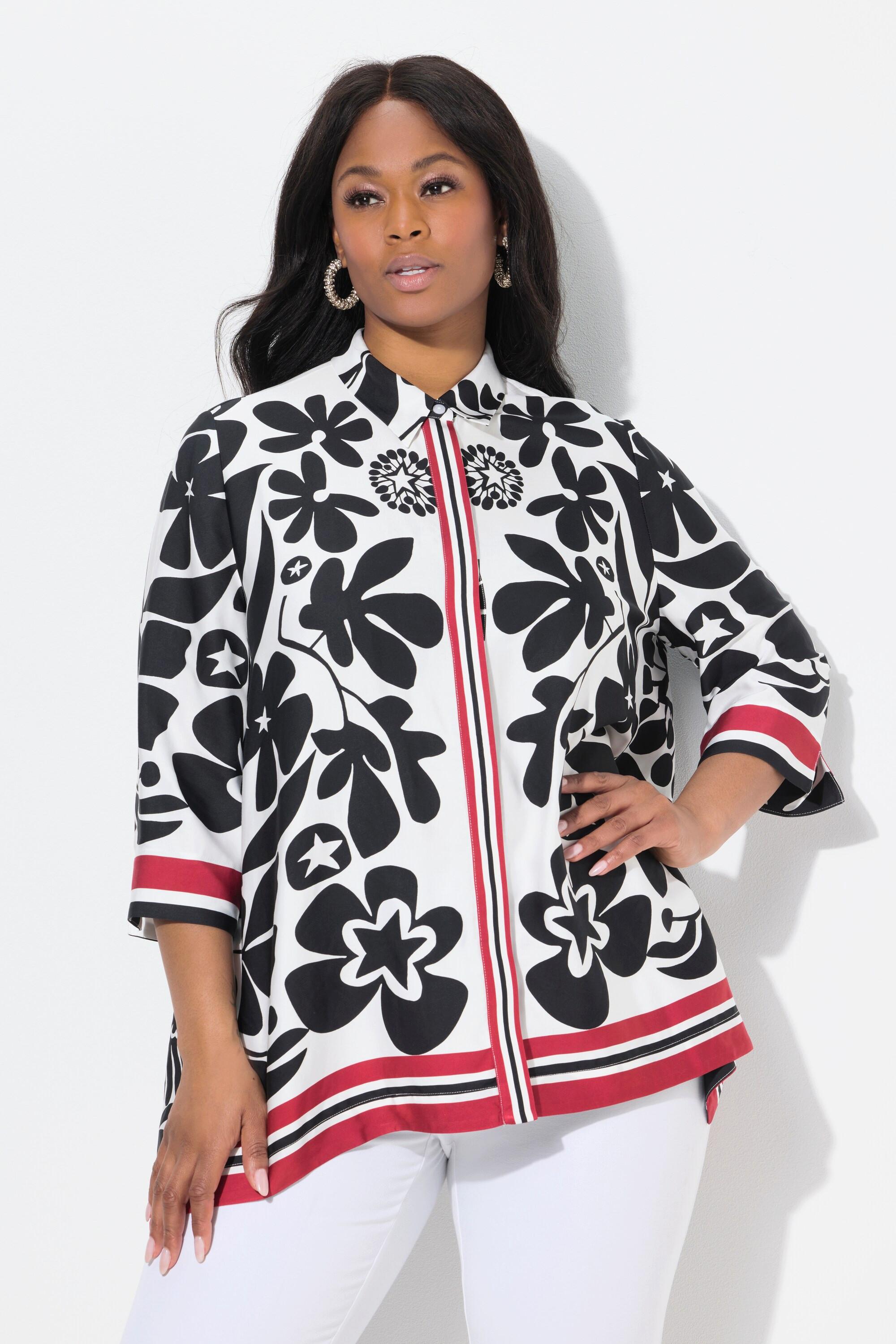 Ulla Popken Blusa in raso Design floreale Orlo a punte Maniche 3/4  