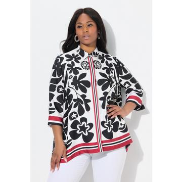 Blusa in raso con design floreale, orlo a punte e maniche a 3/4