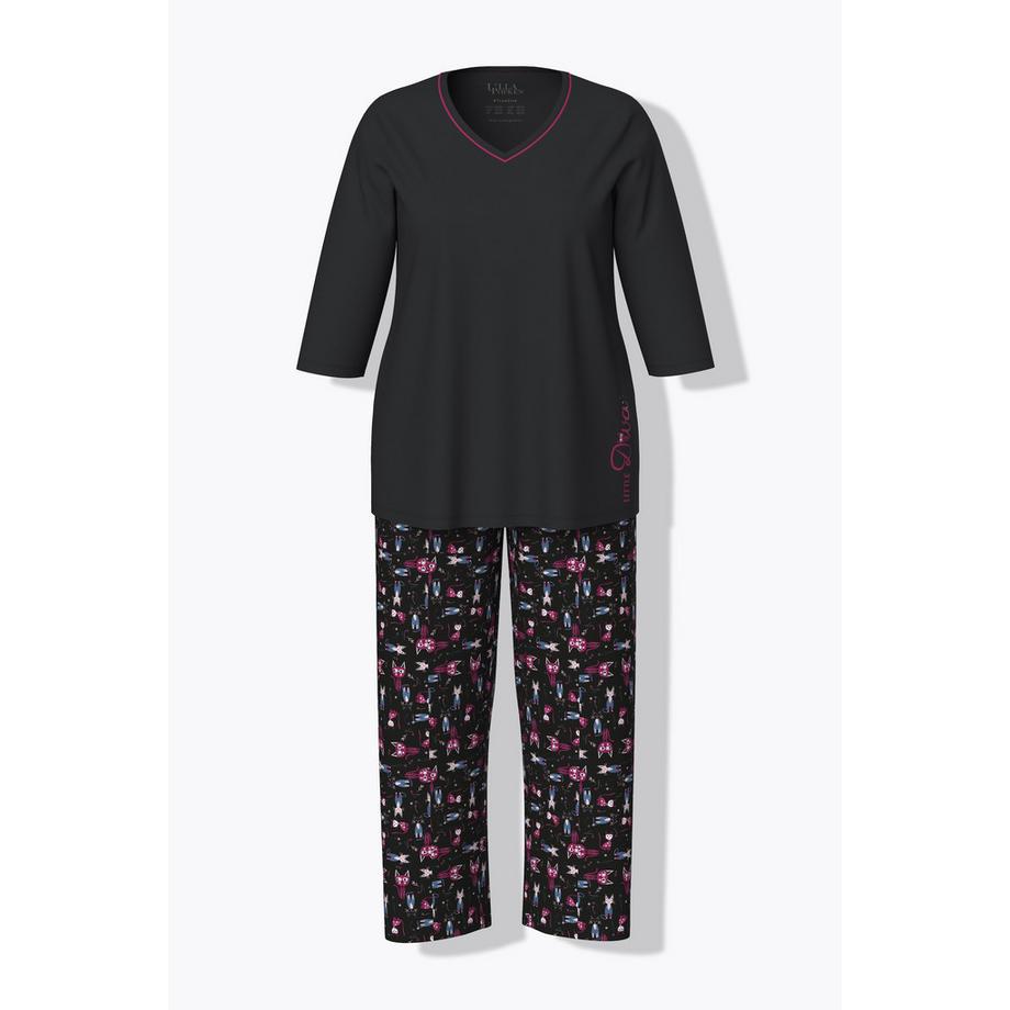 Ulla Popken Katzenmuster V-Ausschnitt 3/4 Arm Pyjama Set  