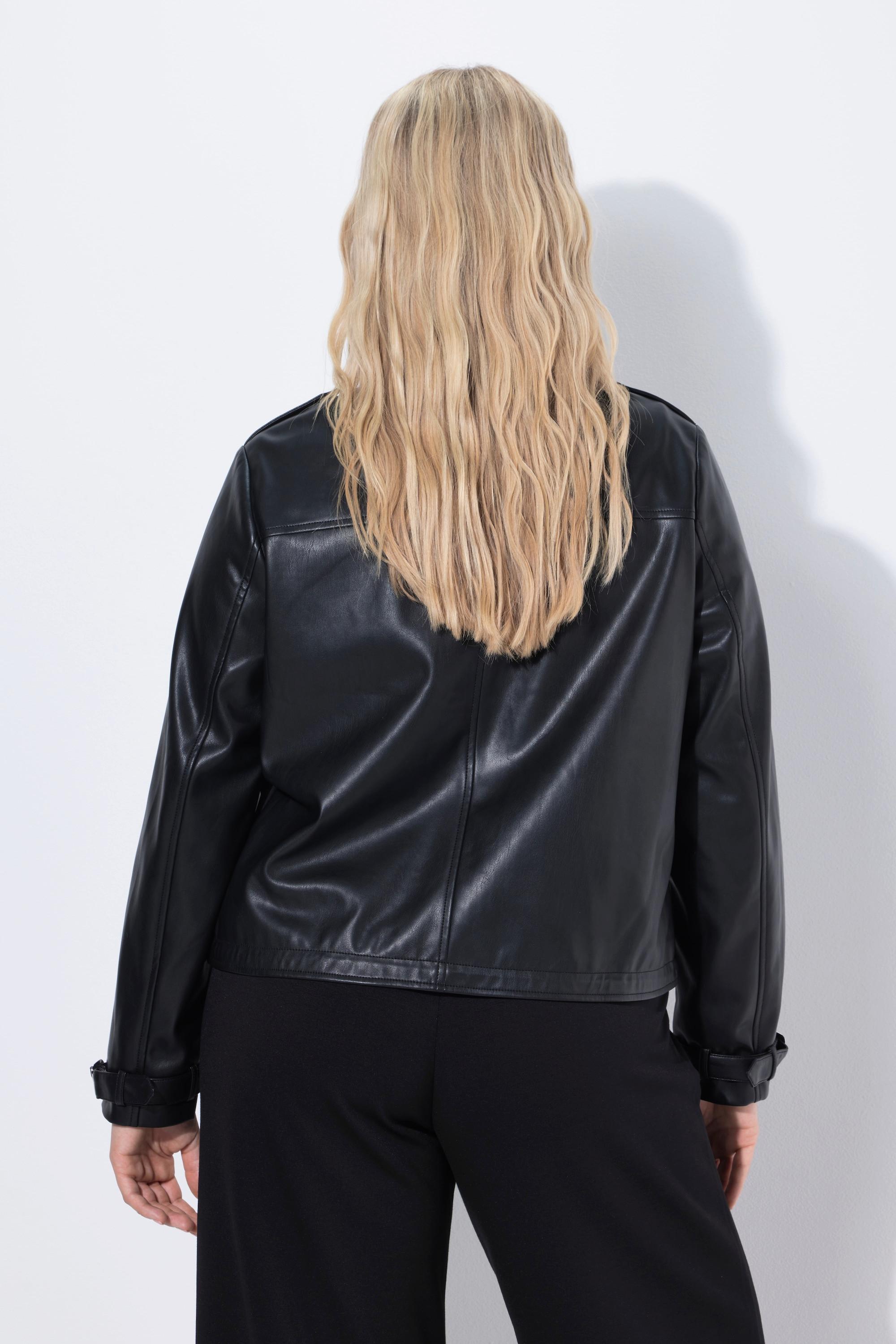 Ulla Popken Giacca Oversize in Similpelle con Scollo Rotondo e Cerniera a Doppio Cursore  