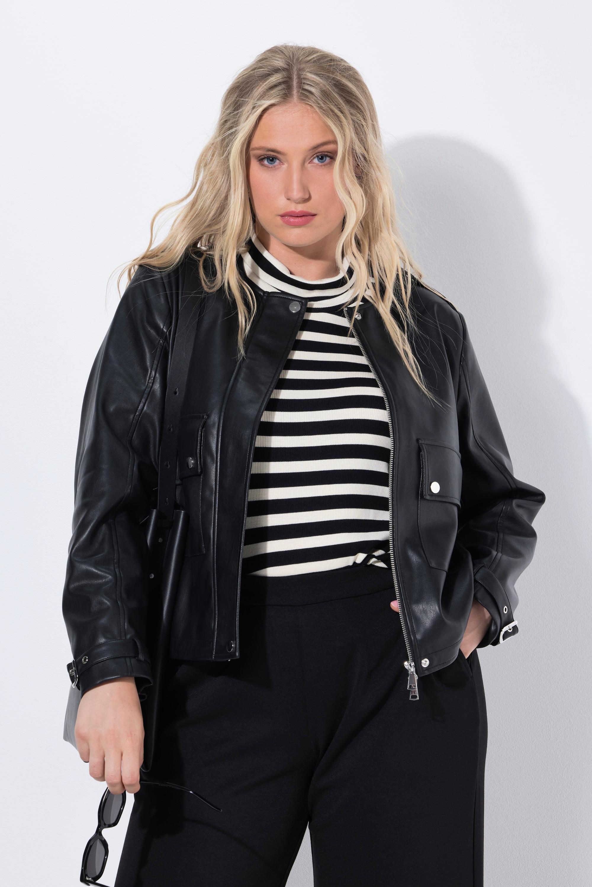 Ulla Popken Giacca Oversize in Similpelle con Scollo Rotondo e Cerniera a Doppio Cursore  