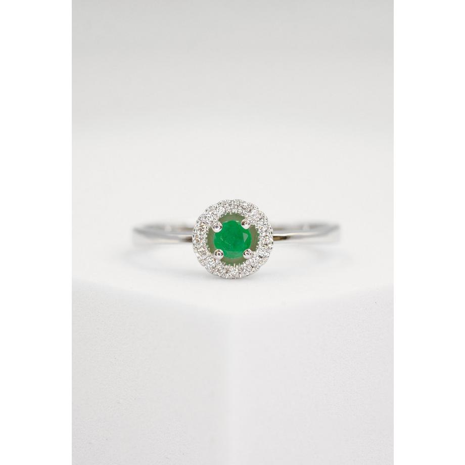 MUAU Schmuck  bague or blanc 750 diamant 0,096ct. émeraude 0,22ct. 