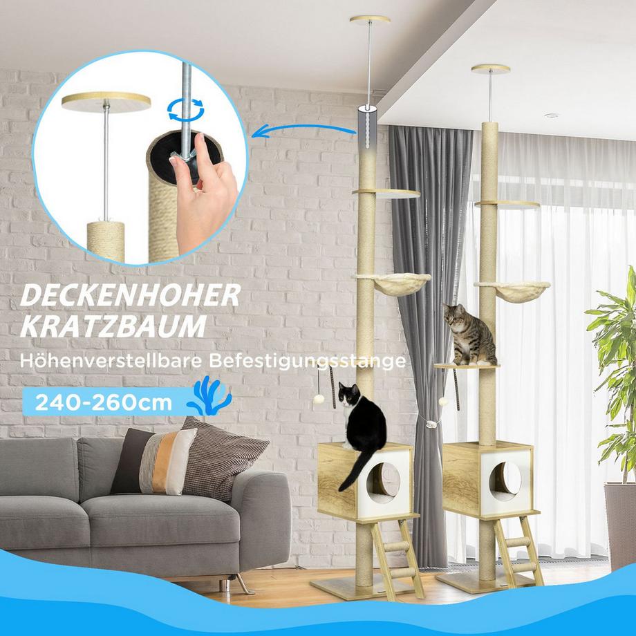 Northio  Tiragraffi Da Soffitto Alto 240-260 Cm, Con Casetta Per Gatti E Amaca, Marrone Chiaro + Beige 