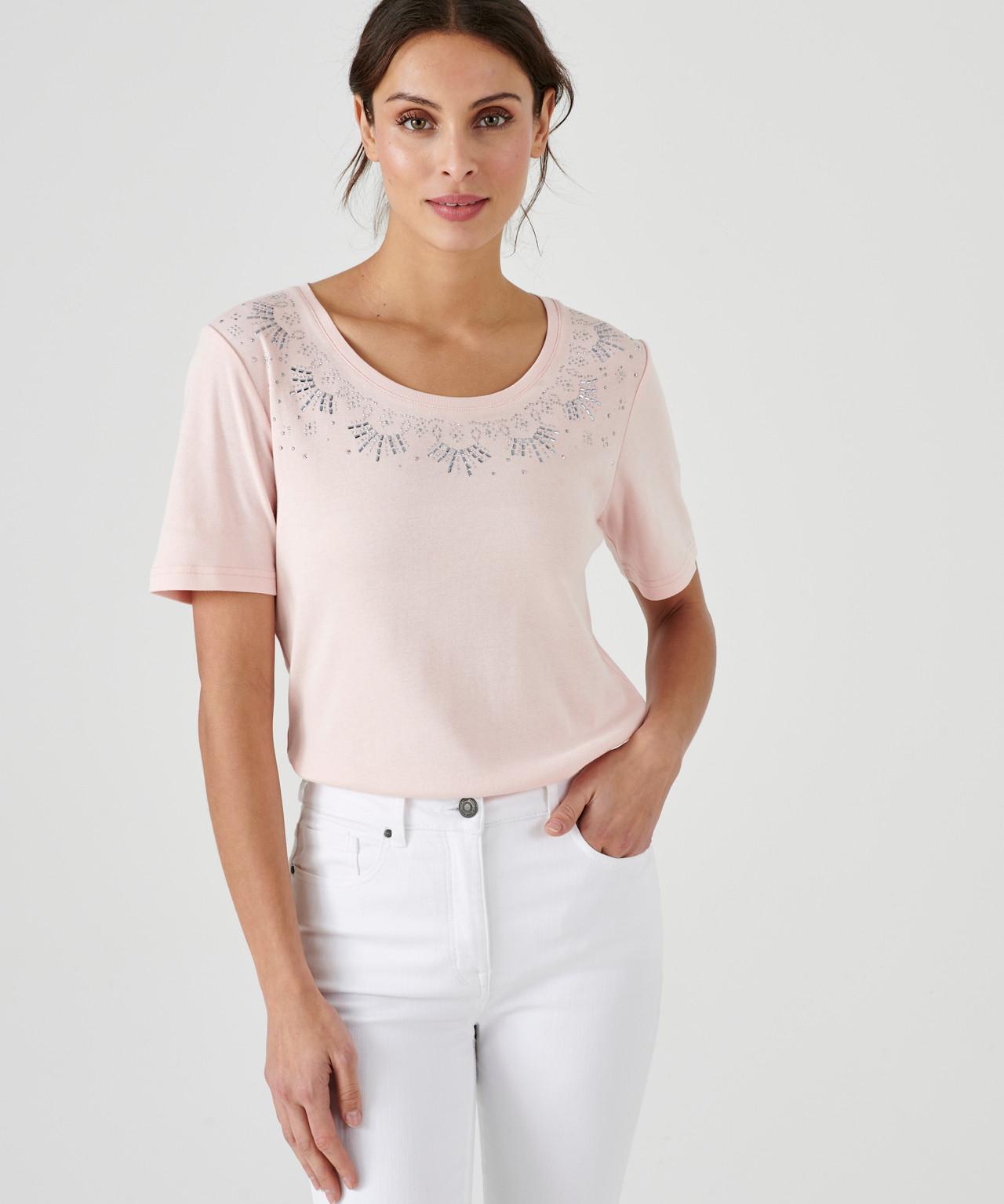 Image of T-shirt Mit Rundhals Und Strass. Damen Rosa 54/56