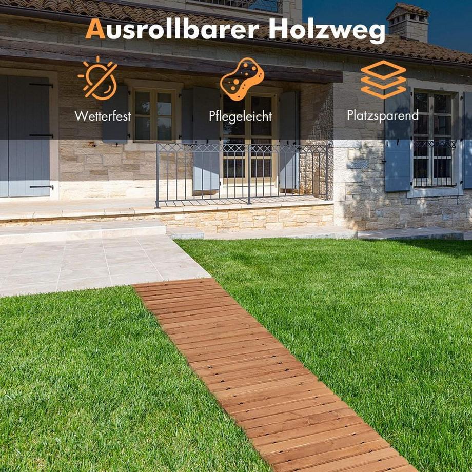 B2X  Garten-Holzweg 245 x 43 x 2 cm Ausrollbarer Witterungsbeständiger Gerader Gehweg im Freien 