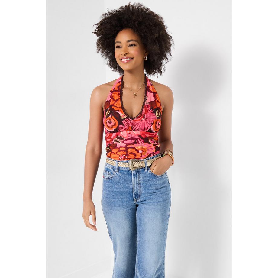 Joe Browns Blouse Licou Florale avec Finition Pompons et Dos Froncé  