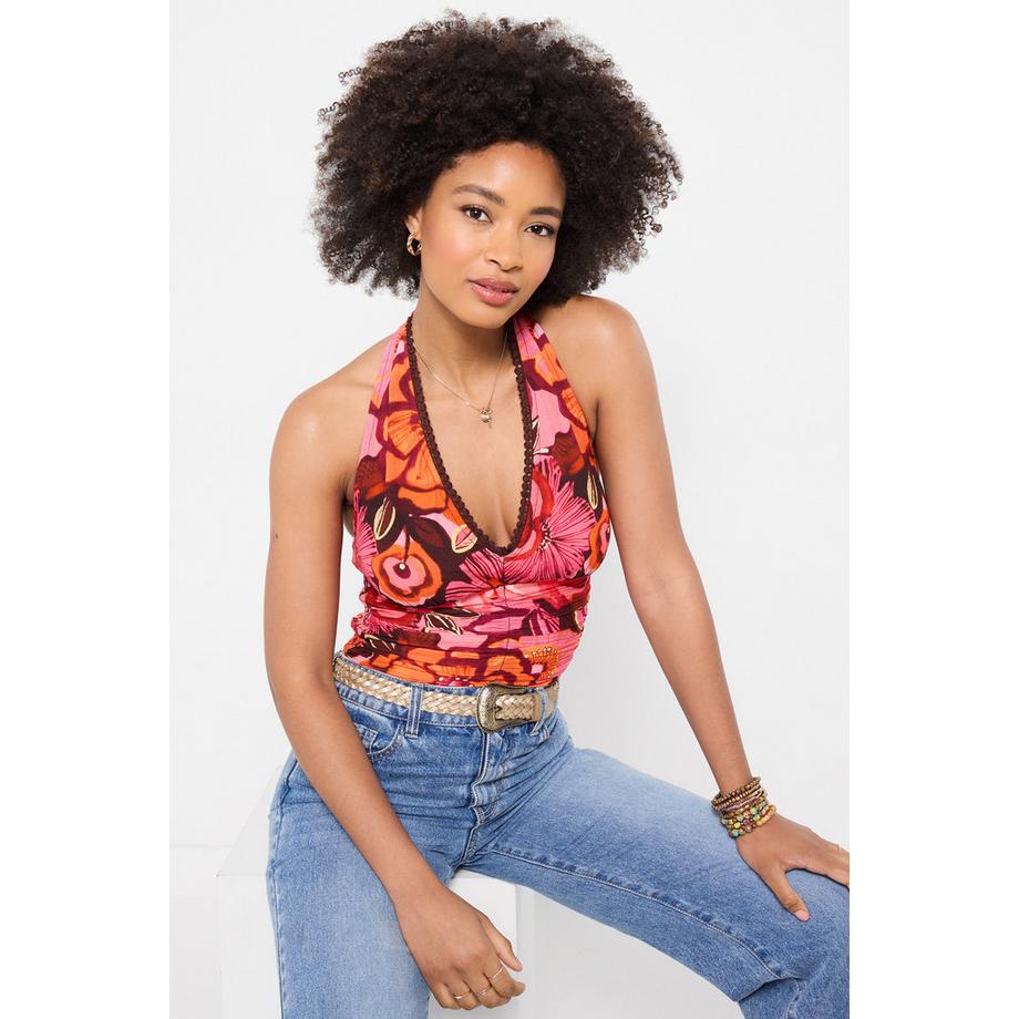 Blouse Licou Florale avec Finition Pompons et Dos Froncé