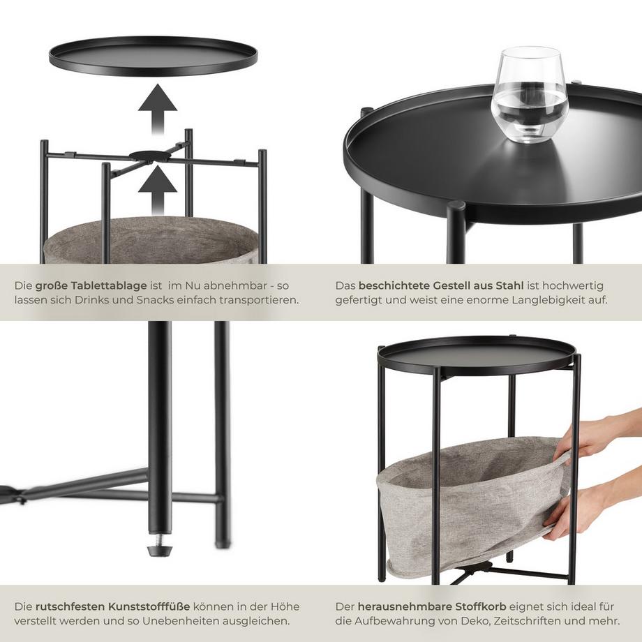 Tectake Beistelltisch Canterbury Stahl und Polyester rund mit abnehmbarer Ablage  