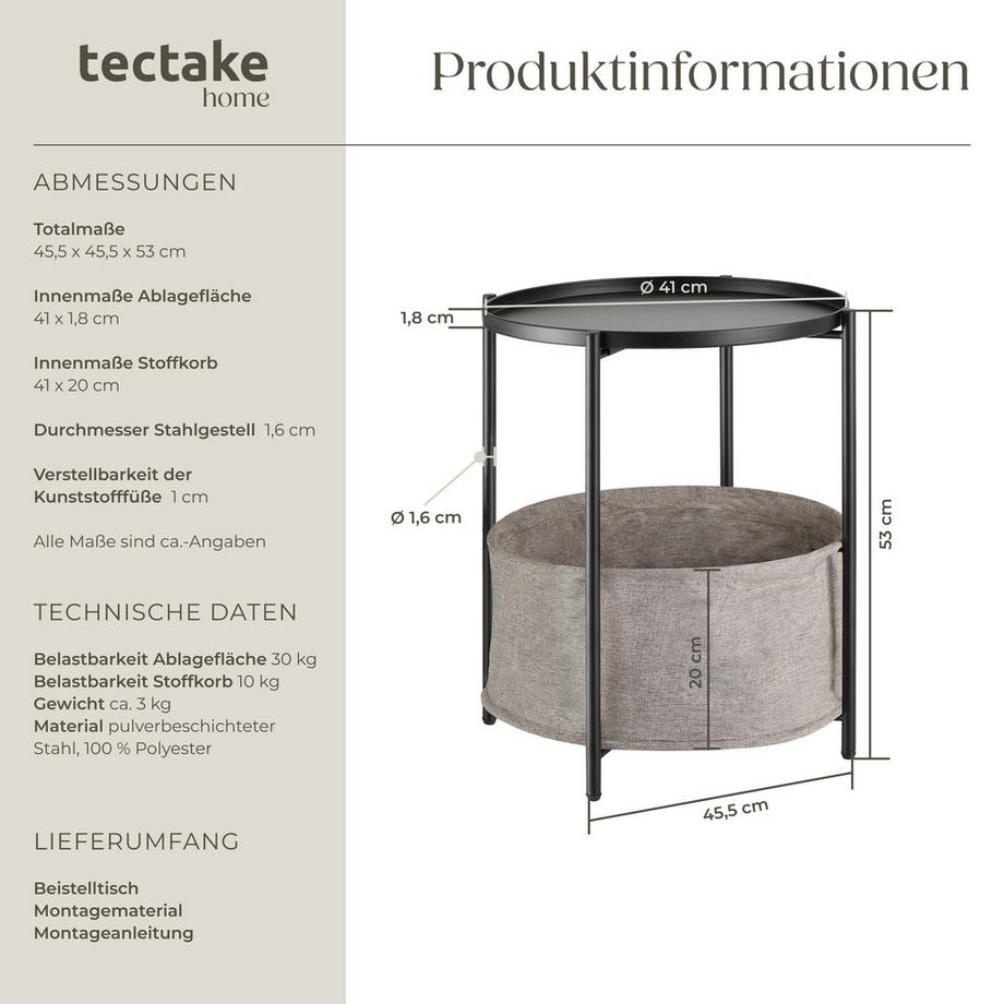 Tectake Beistelltisch Canterbury Stahl und Polyester rund mit abnehmbarer Ablage  