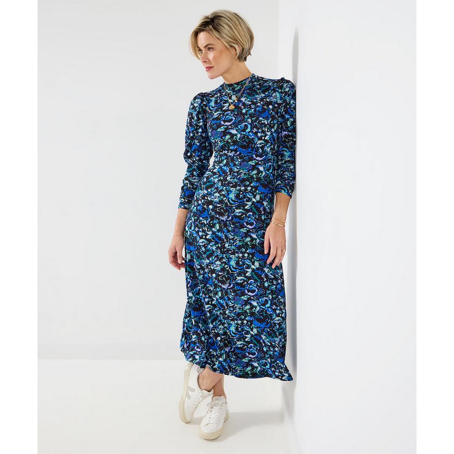 Robe midi en jersey à col montant volantée à fleurs vintage