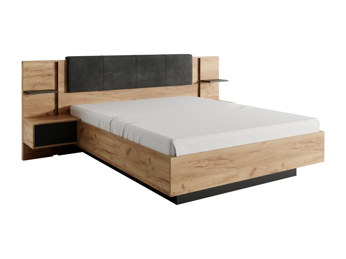 Vente-unique Lit avec chevets 140 x 190 cm - Avec LEDs - Coloris : Naturel et anthracite + Sommier + Matelas - ELYNIA  