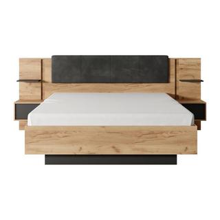 Vente-unique Lit avec chevets 140 x 190 cm - Avec LEDs - Coloris : Naturel et anthracite + Sommier + Matelas - ELYNIA  