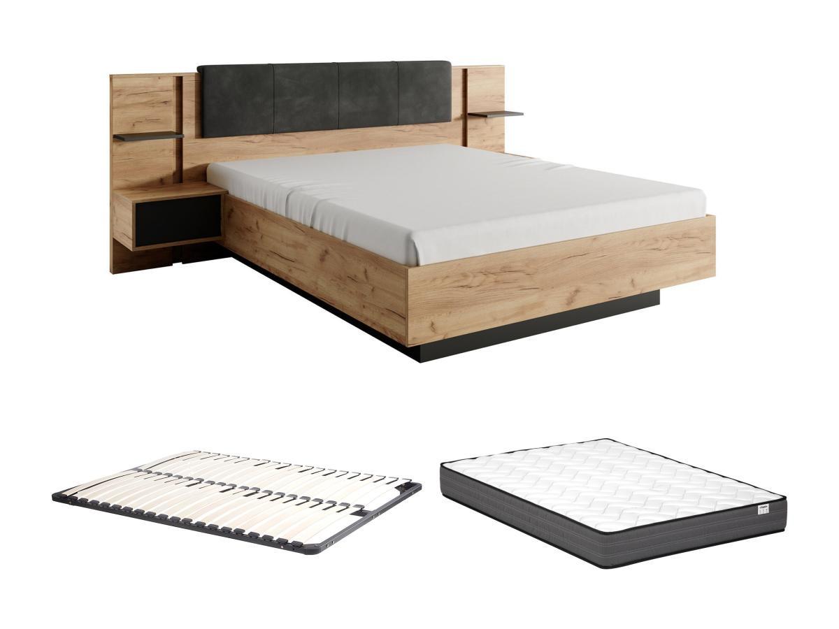 Vente-unique Lit avec chevets 140 x 190 cm - Avec LEDs - Coloris : Naturel et anthracite + Sommier + Matelas - ELYNIA  