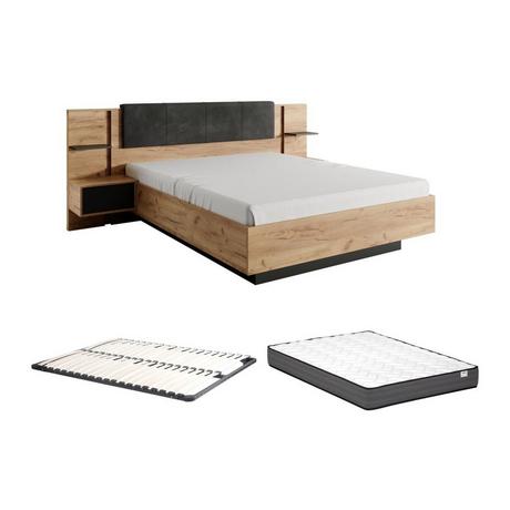 Vente-unique Lit avec chevets 140 x 190 cm - Avec LEDs - Coloris : Naturel et anthracite + Sommier + Matelas - ELYNIA  