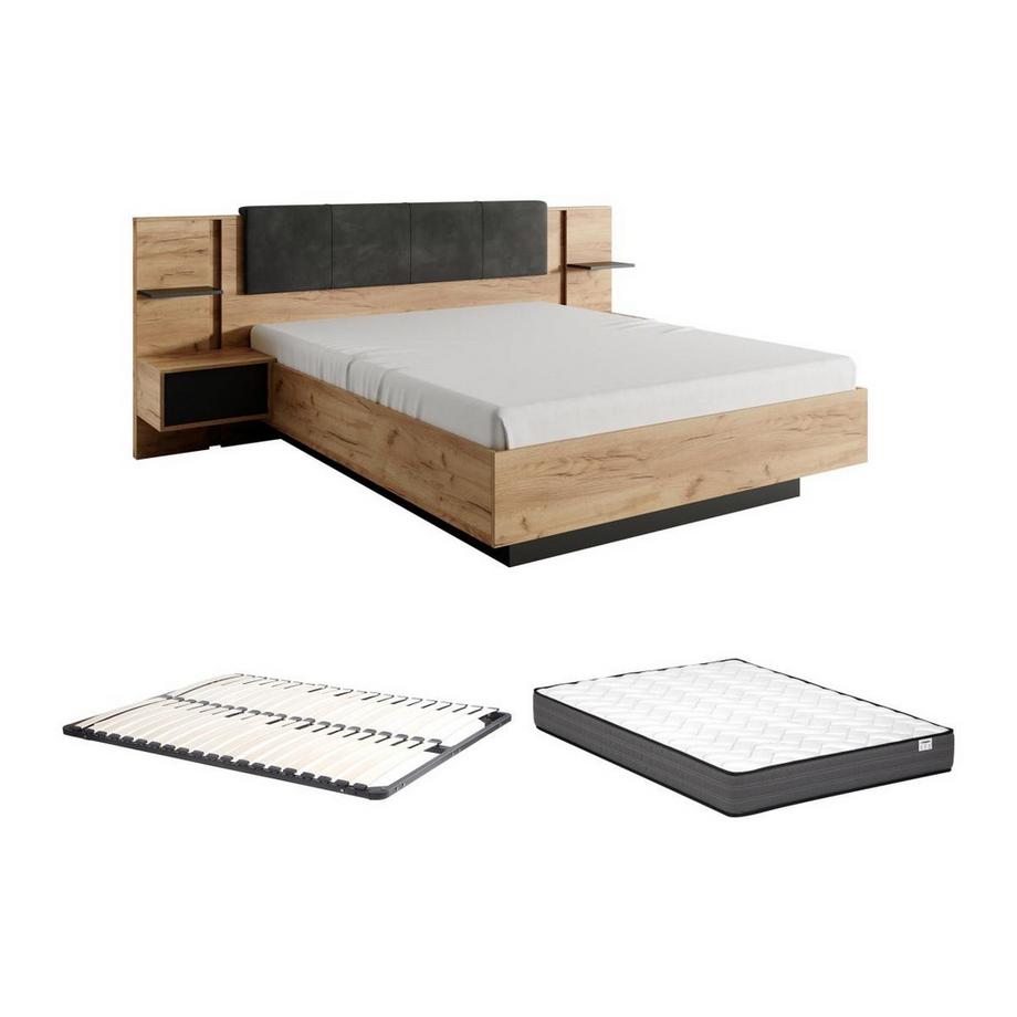 Vente-unique Letto con comodini 140 x 190 cm Con LED  Naturale e Antracite + Rete a doghe + Materasso  - ELYNIA  