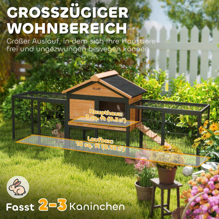 Northio  Hasenstall 2 Ebenen mit Satteldach Kaninchenstall aus Vollholz Winterfest Doppelstockhaus mit Freilaufgehege 217x53x86 cm Kaninchenkäfig Outdoor Kleintierstall für Hasen Kaninchen Gelb Aosom 