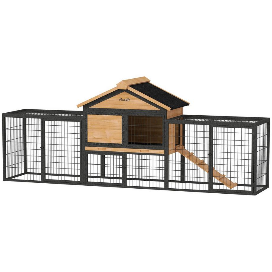 Northio  Hasenstall 2 Ebenen mit Satteldach Kaninchenstall aus Vollholz Winterfest Doppelstockhaus mit Freilaufgehege 217x53x86 cm Kaninchenkäfig Outdoor Kleintierstall für Hasen Kaninchen Gelb Aosom 