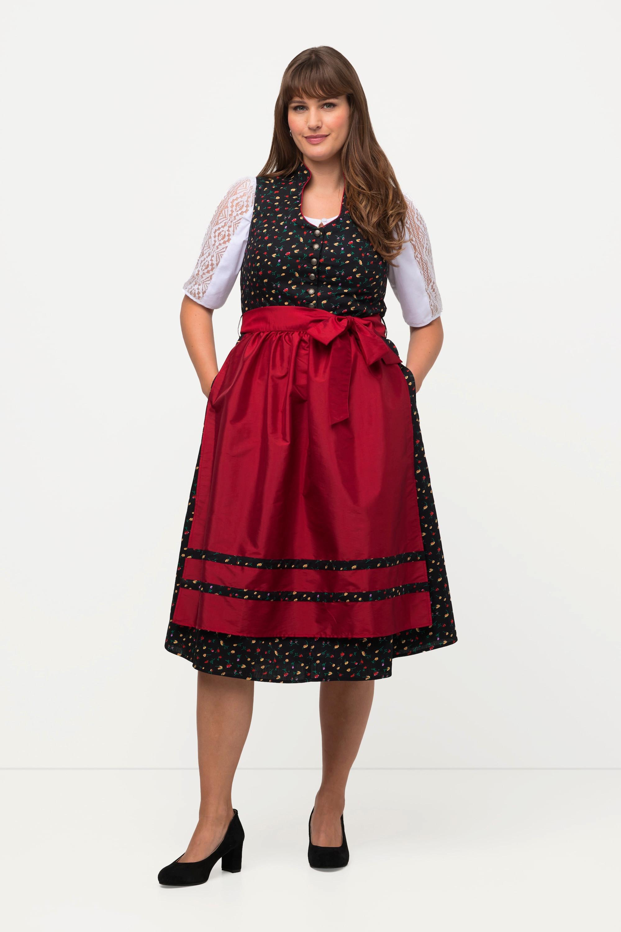 Ulla Popken  Dirndl, Blüten, Schmuckknöpfe, V-Ausschnitt, ärmellos 