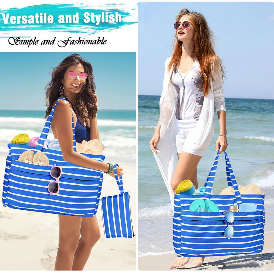 Only-bags.store Grand sac de plage rayé imperméable avec fermeture éclair  