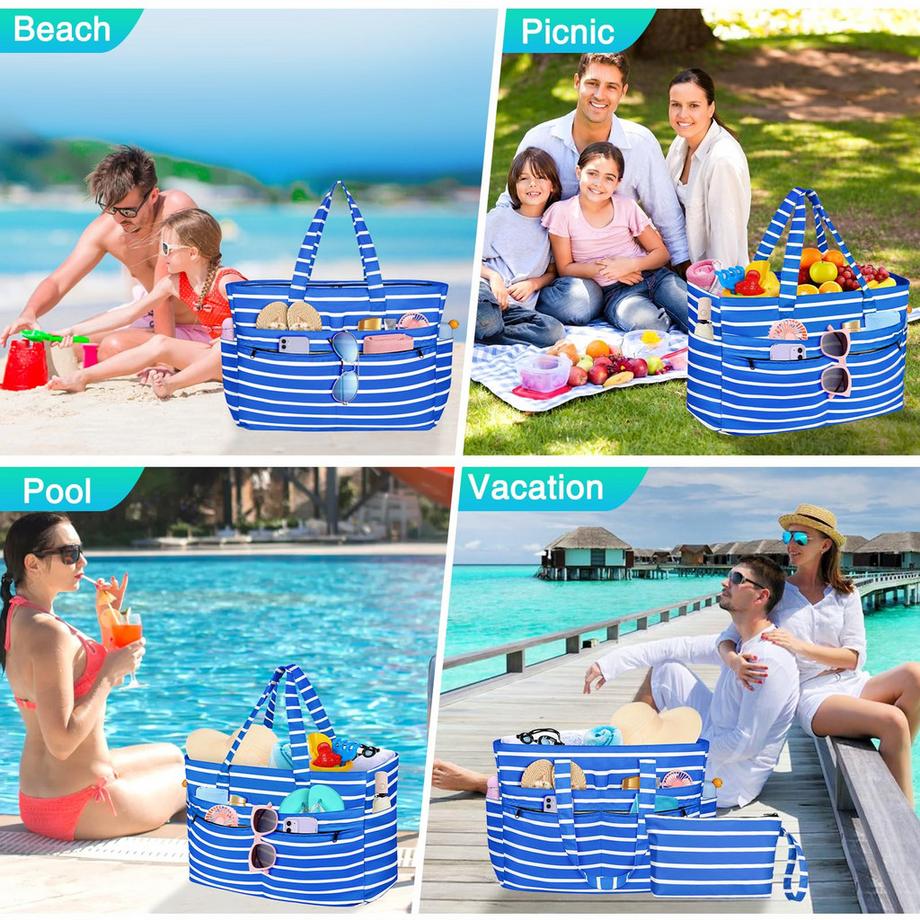 Only-bags.store Grand sac de plage rayé imperméable avec fermeture éclair  