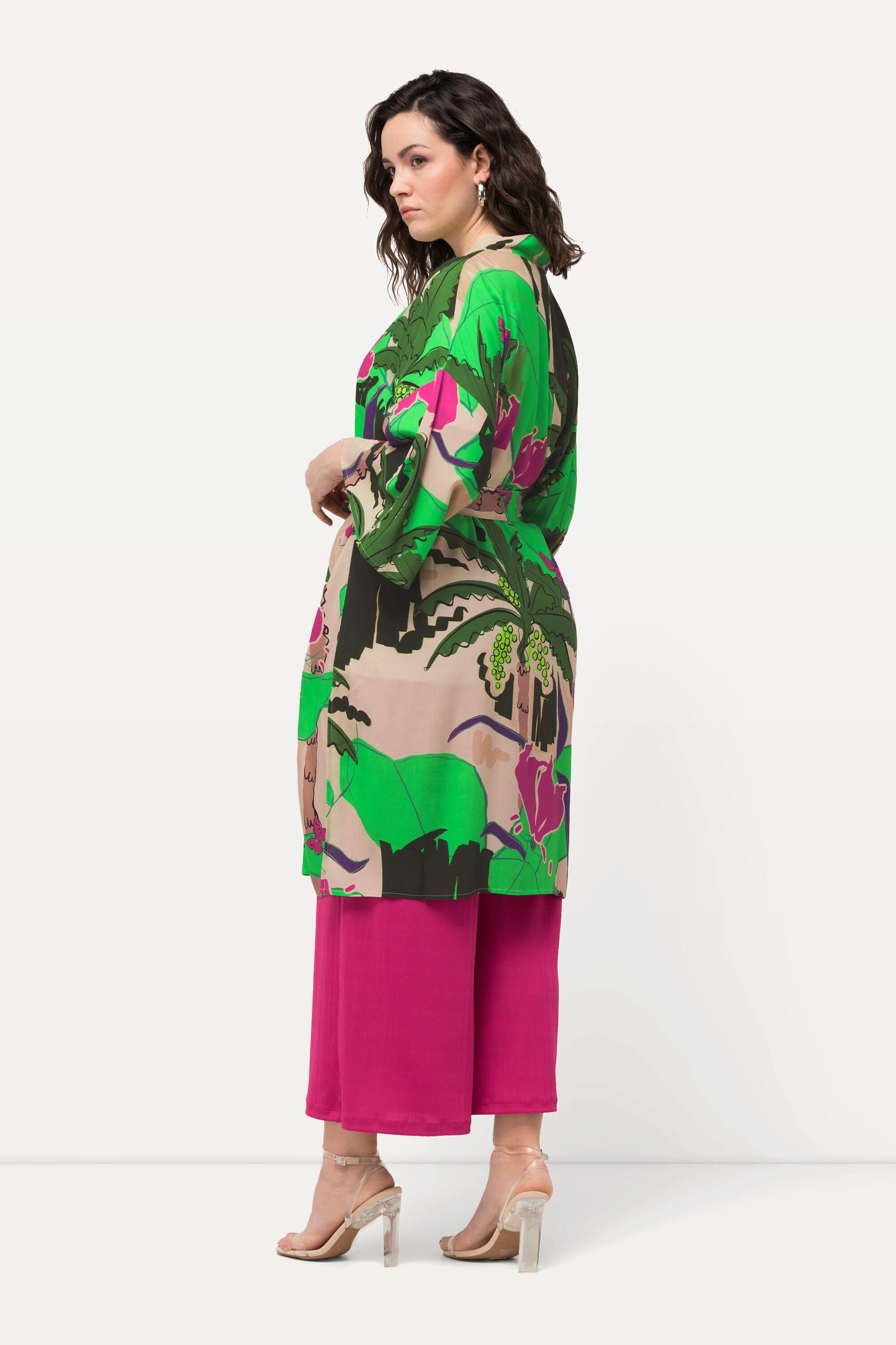 Ulla Popken Kimono Stampa Palme Cintura Maniche 3/4  