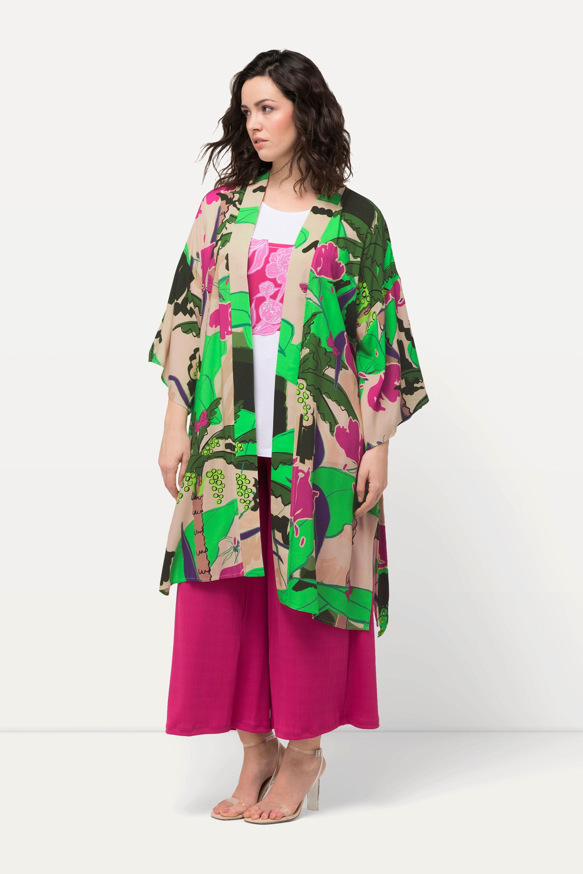 Ulla Popken Kimono Stampa Palme Cintura Maniche 3/4  