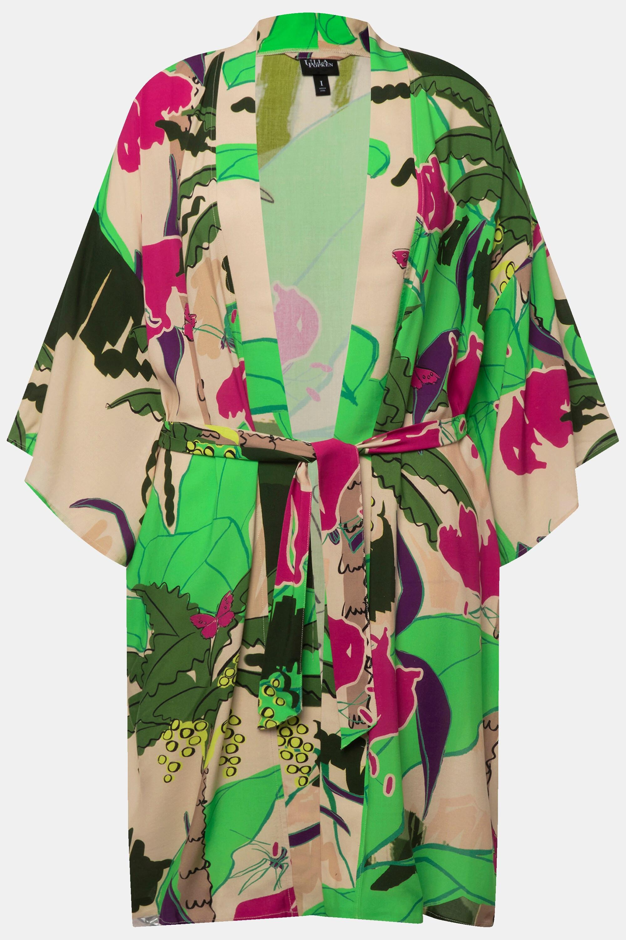 Ulla Popken Kimono Stampa Palme Cintura Maniche 3/4  