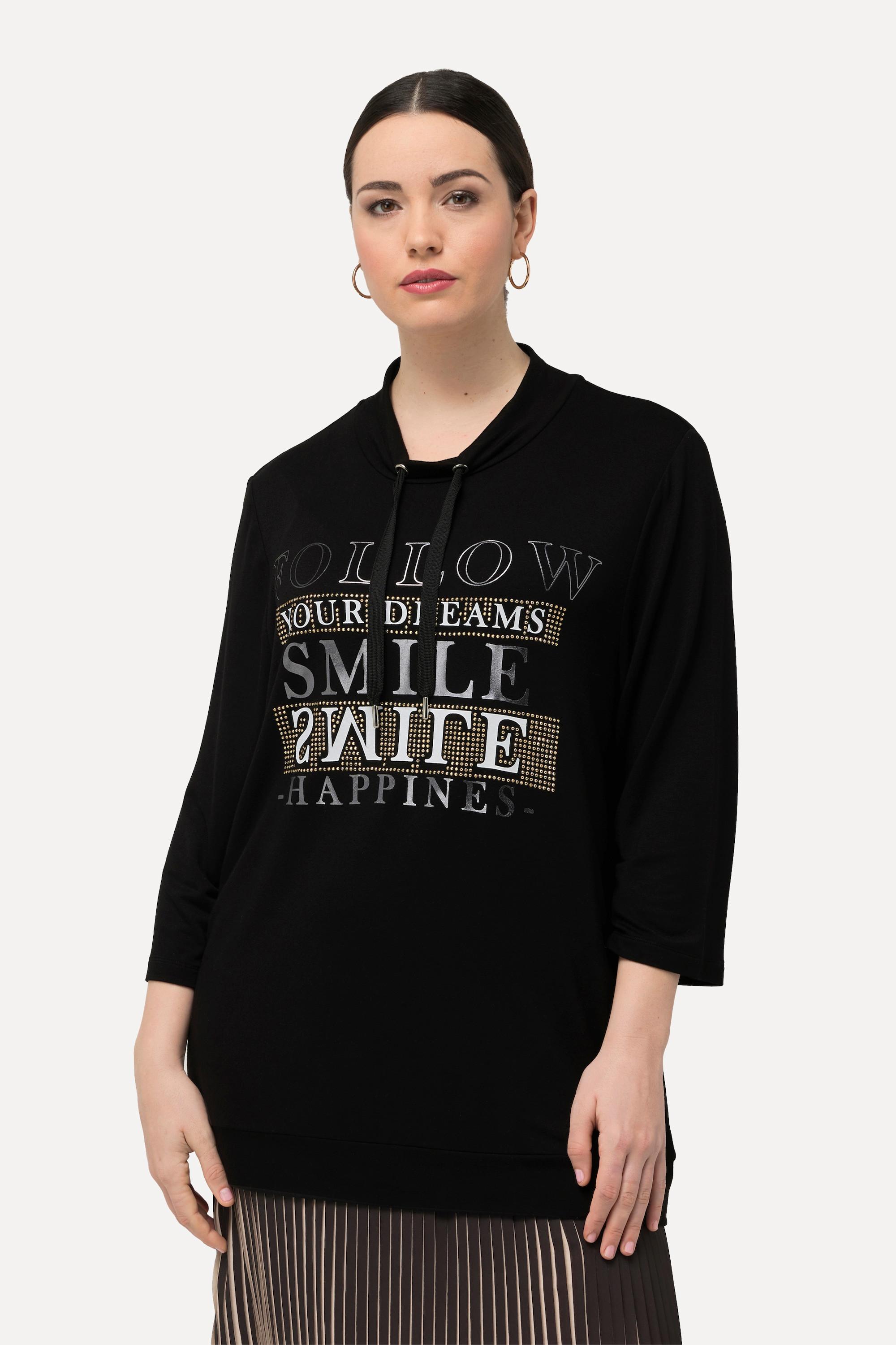 Ulla Popken  Sweatshirt, Metallic-Schriftmotiv, Stehkragen, 3/4-Arm 