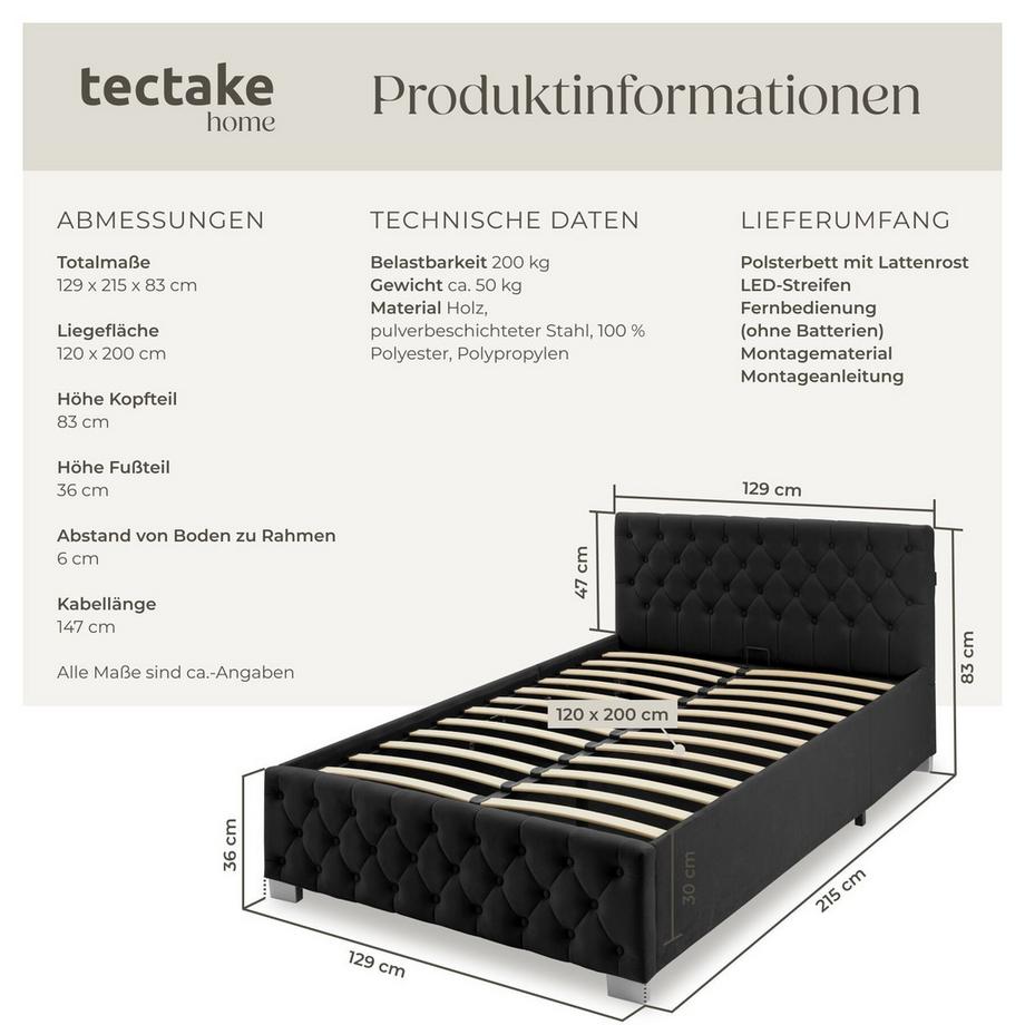 Tectake Polsterbett Sedona in Samtoptik mit Steppmuster indirekte LED-Beleuchtung an den Seiten  