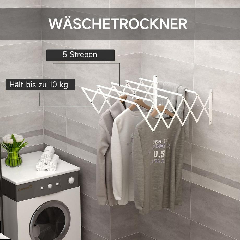 Northio Wandtrockner, 57,5cm, Wäscheständer, platzsparender Wäschetrockner, für drinnen und draußen, Metall, Weiß, 63,5 x 60 x 20 cm  