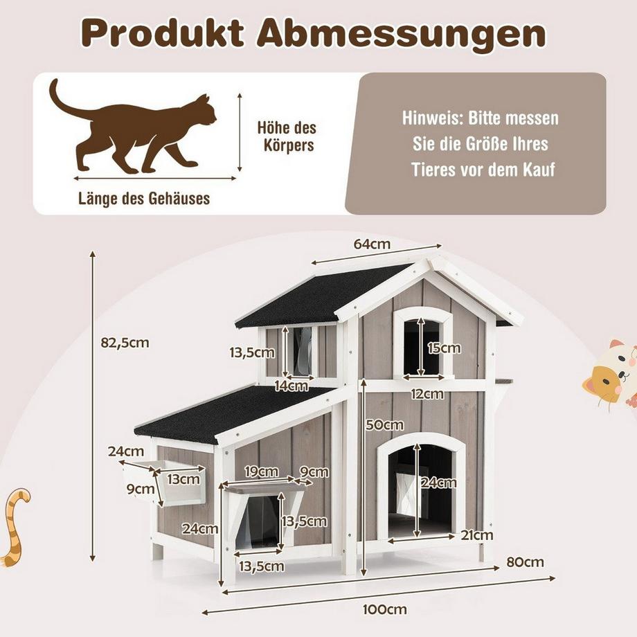 Northix  Niche pour chat d'extérieur à deux étages avec toit en asphalte Gris 100 x 64 x 82,5 cm 