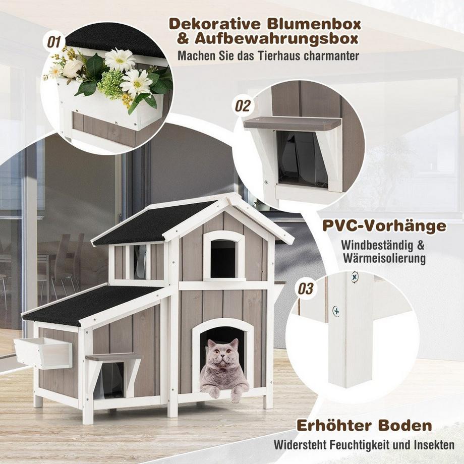 Northix  Niche pour chat d'extérieur à deux étages avec toit en asphalte Gris 100 x 64 x 82,5 cm 