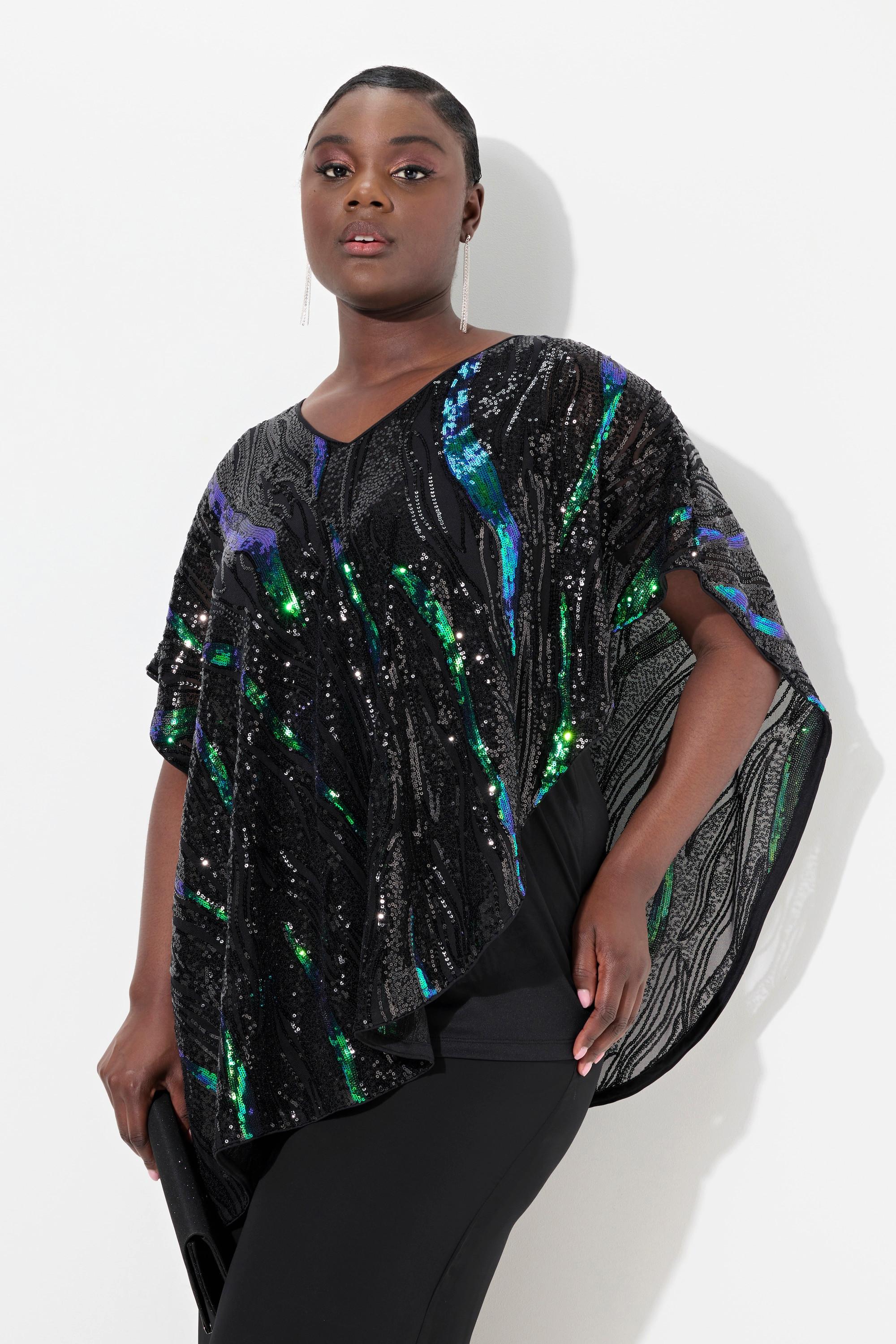 Ulla Popken  Blusa dal taglio oversize a doppio strato con paillettes e chiffon 