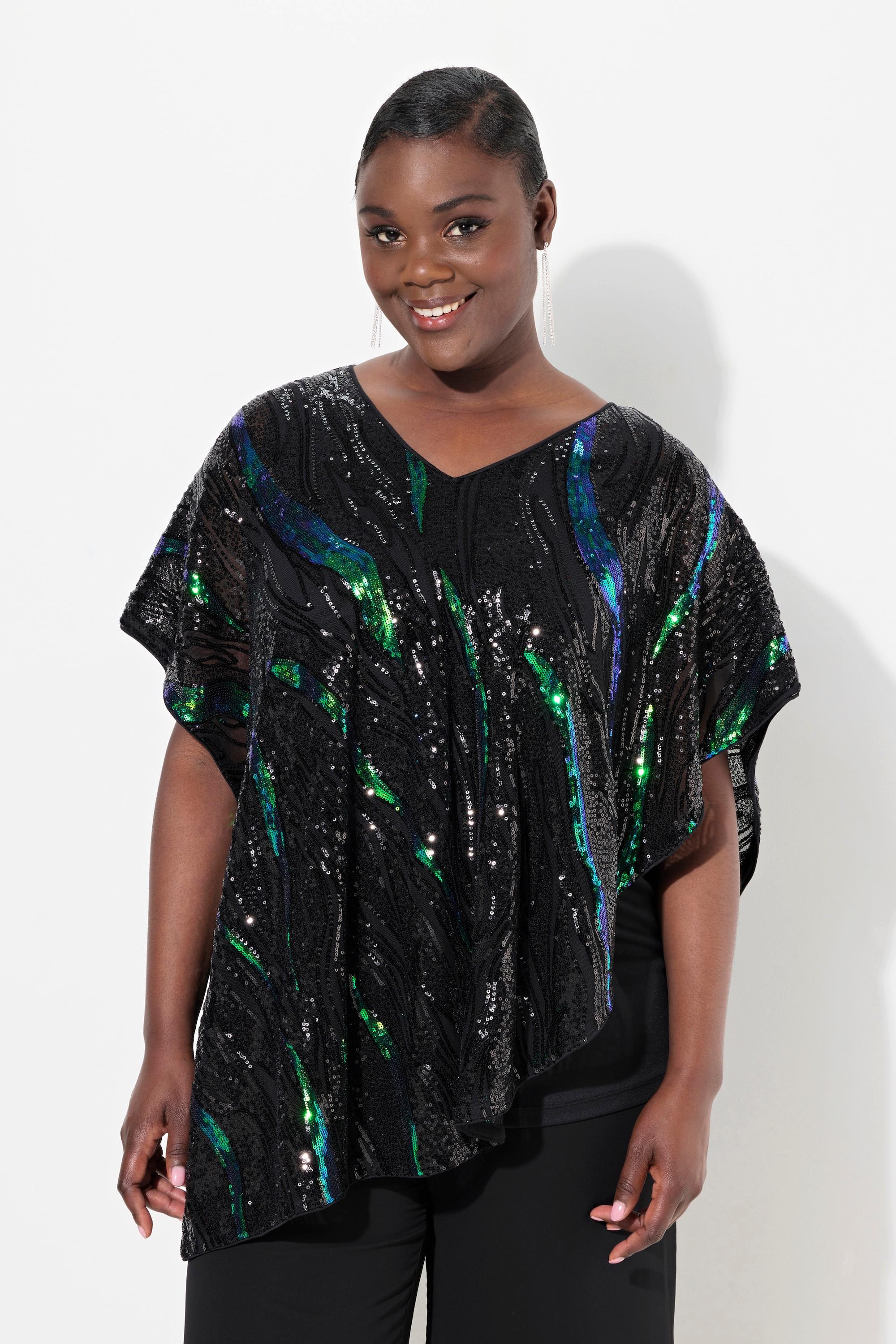 Ulla Popken  Blusa dal taglio oversize a doppio strato con paillettes e chiffon 