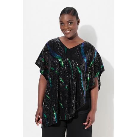 Ulla Popken  Blusa dal taglio oversize a doppio strato con paillettes e chiffon 