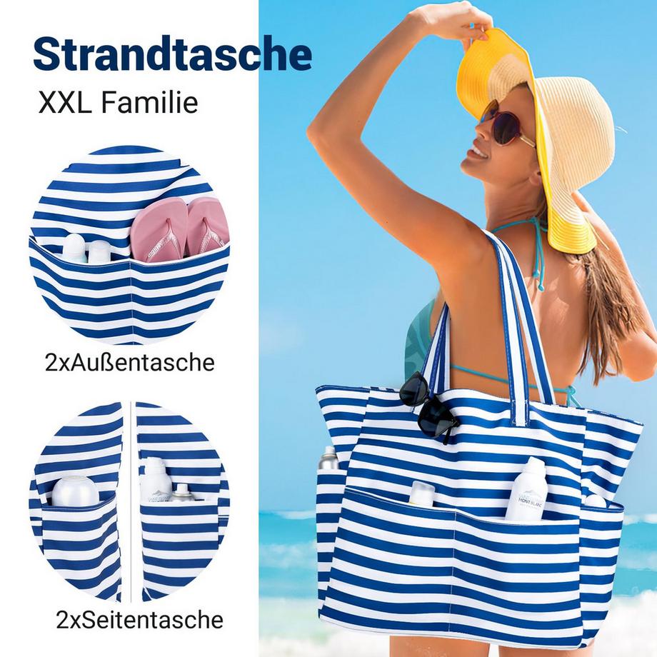 Only-bags.store Gestreifte Strandtasche mit Reißverschluss grosse faltbare Shopper  