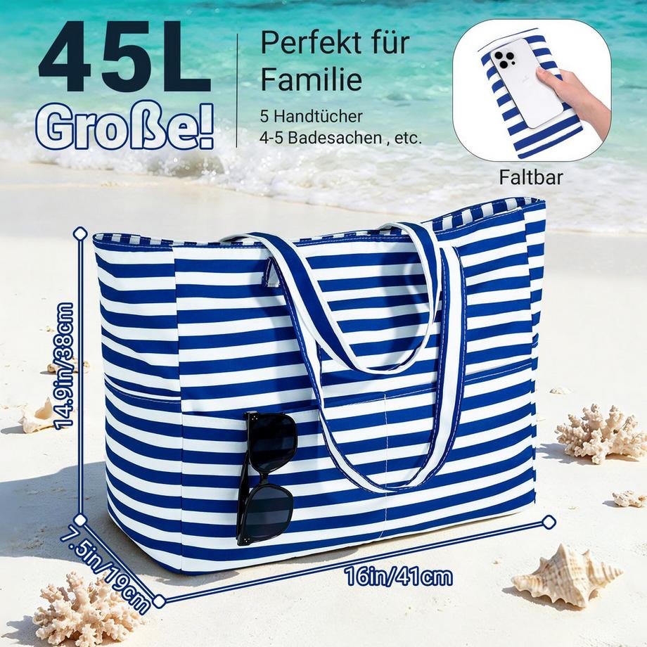 Only-bags.store Gestreifte Strandtasche mit Reißverschluss grosse faltbare Shopper  
