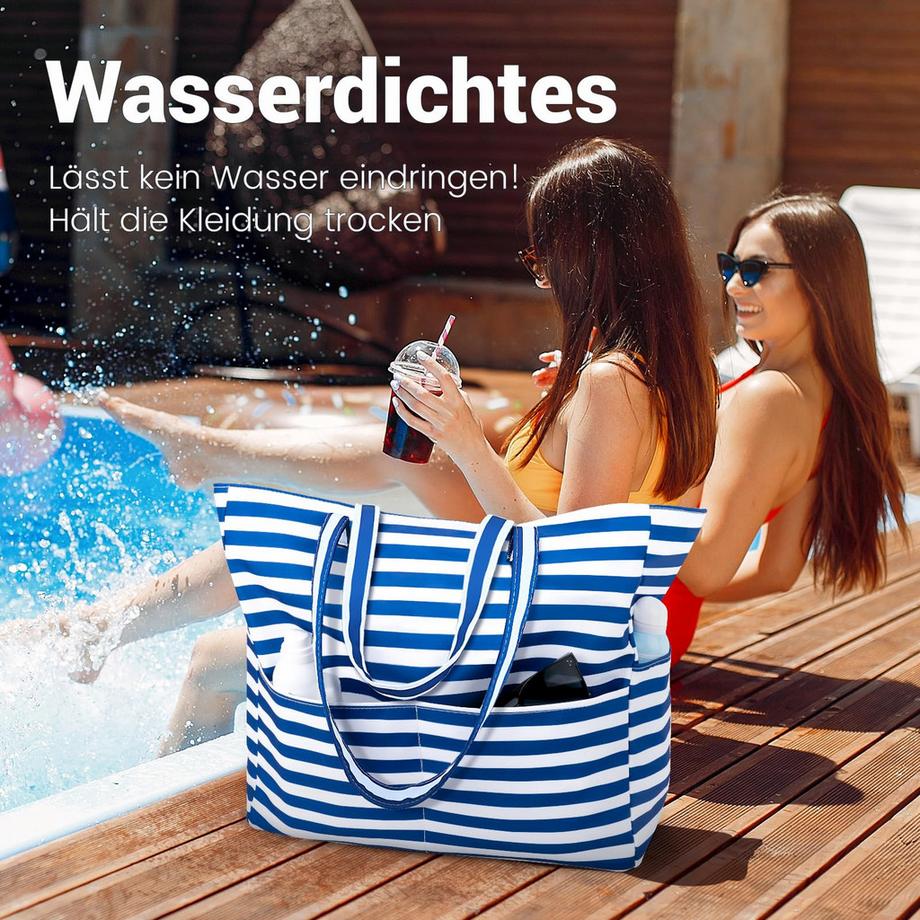 Only-bags.store Gestreifte Strandtasche mit Reißverschluss grosse faltbare Shopper  