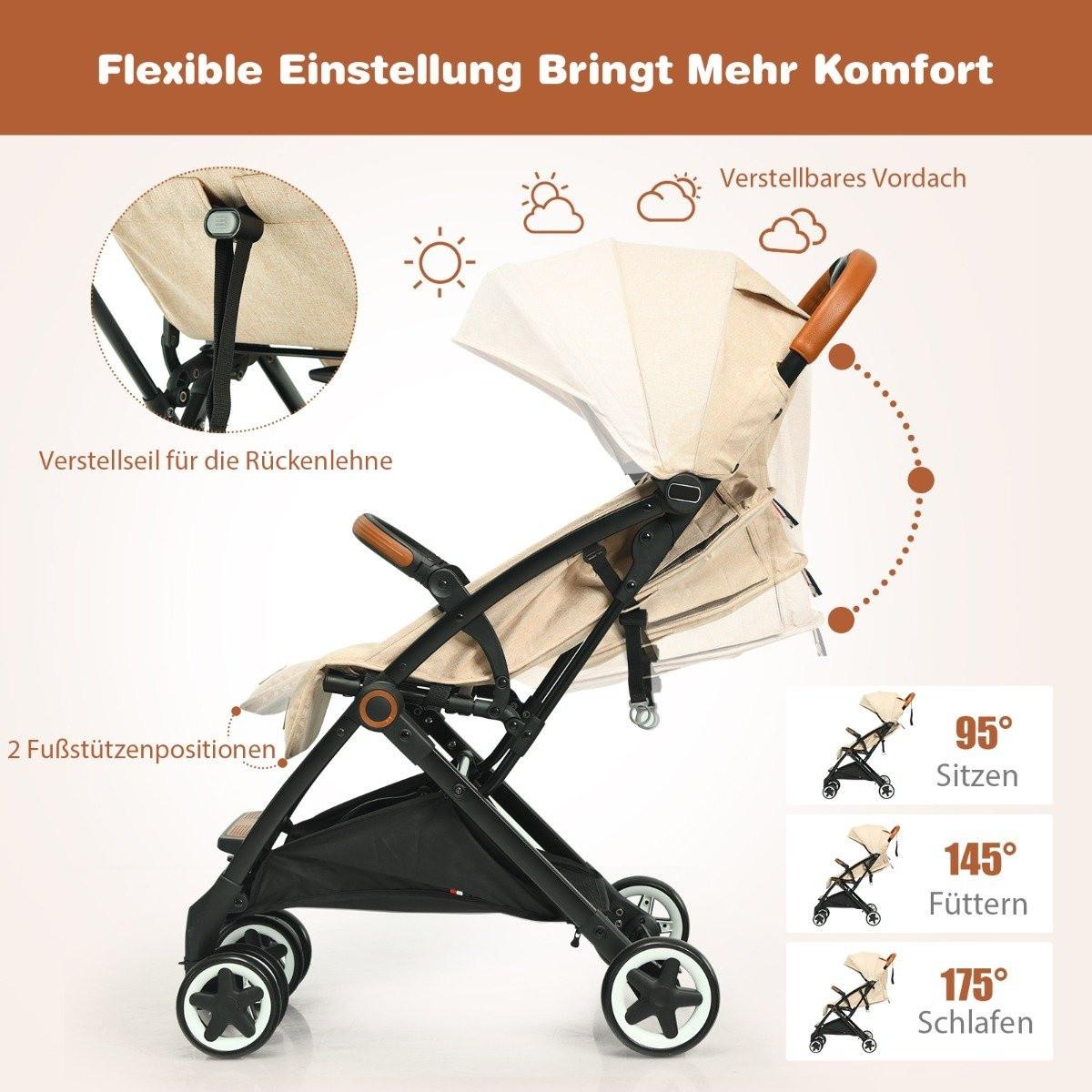 Northix  Faltbarer Kinderwagen mit Verstellbare Rückenlehne & Fußstütze & Verdeck Beige 