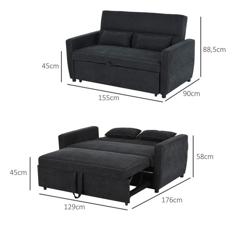 Northio Schlafsofa, Klappsofa, 2-Sitzer Stoffsofa, Bettsofa, Sofa Mit Schlaffunktion, Sofagarnitur, Verstellbarer Winkel, Schwarz, 148 X 82 X 89 Cm  