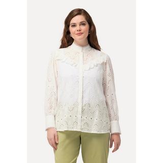 Ulla Popken  Blusa con pizzo Sangallo, collo da camicia, ruche e maniche lunghe 