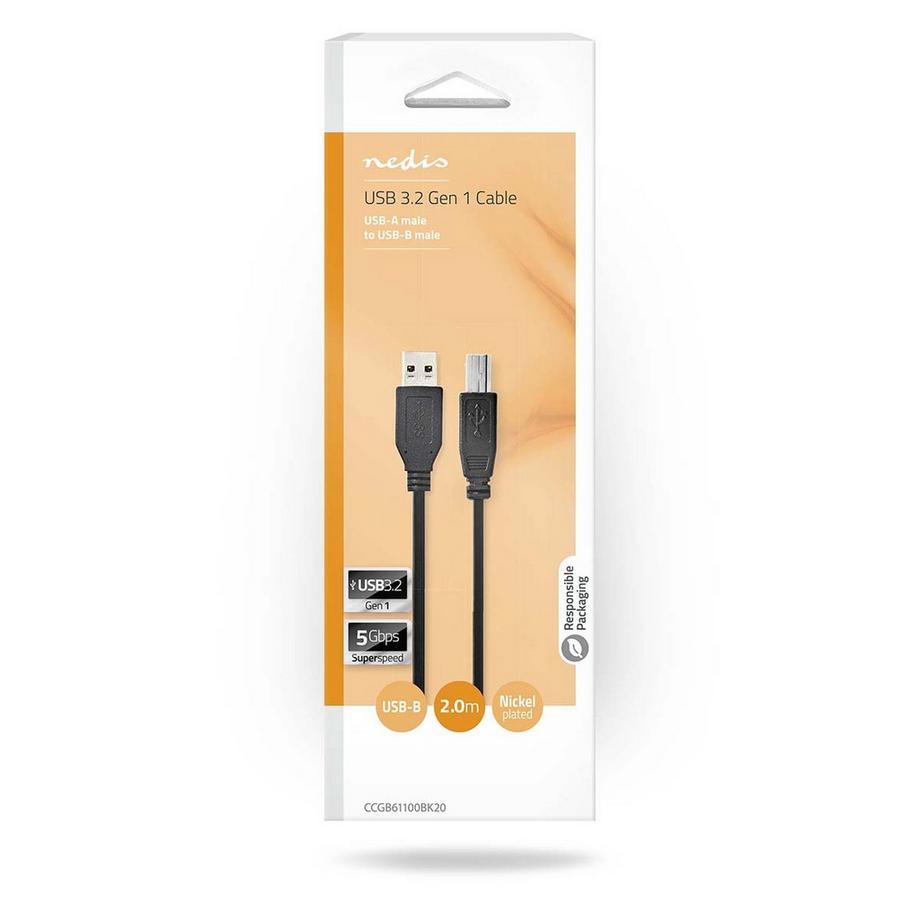 Nedis  Cavo USB | USB 3.2 Gen 1 | USB-A Maschio | USB-B Maschio | 5 Gbps | Nichelato | 2,00 m | Rotondo | PVC | Nero | Scatola 