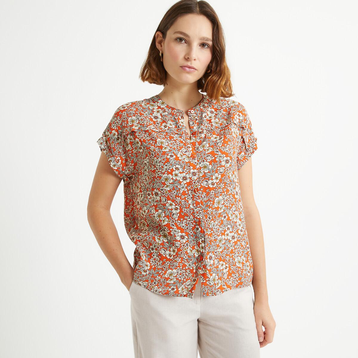 Image of Kurzärmelige Bluse Mit Rundem Ausschnitt & Blumenmuster Damen Orange Bedruckt 42