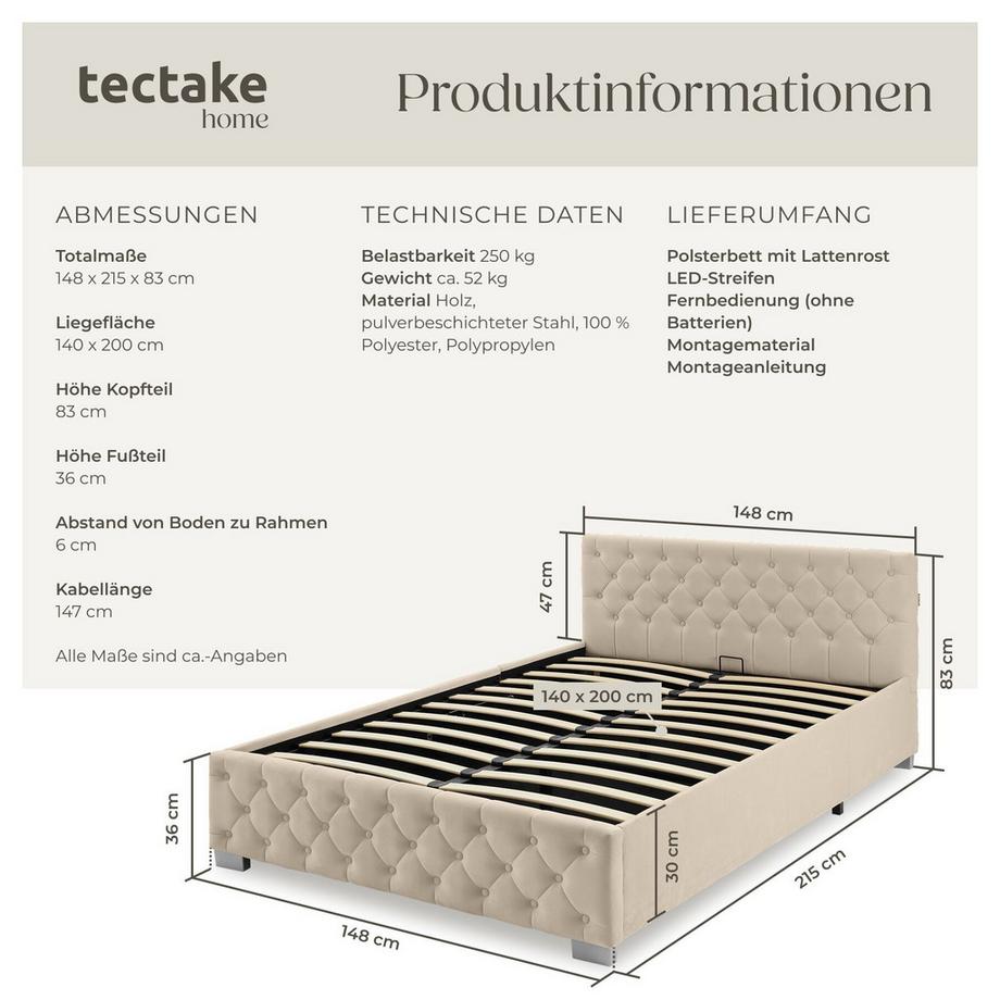 Tectake Lit rembourré VENISE en aspect velours avec motif matelassé  