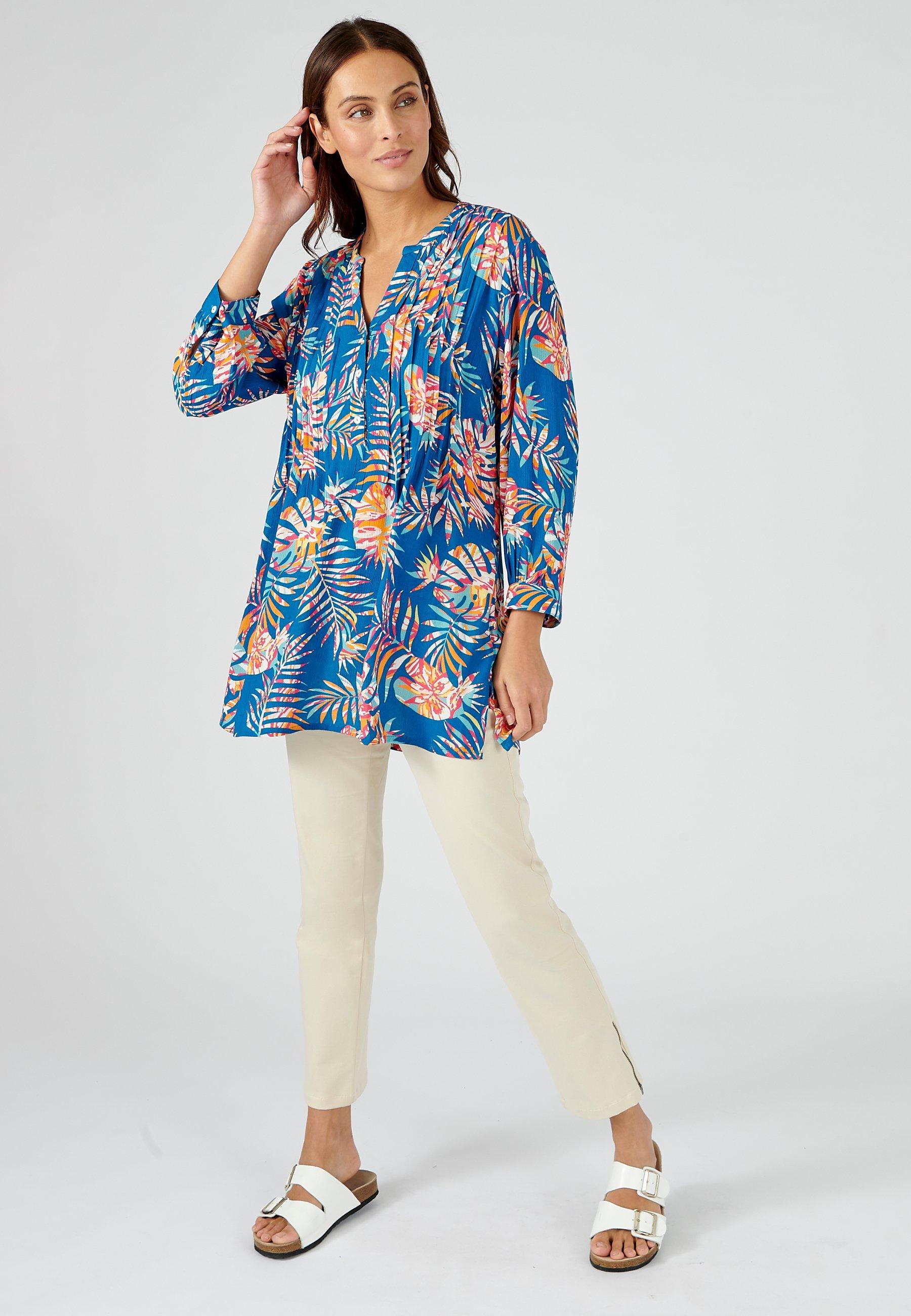 Image of Tunika Mit Pflanzenprint. Damen Blau 52