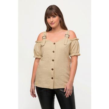 Blusa in tradizionale stile Tracht in misto lino con pizzo, allacciatura e mezze maniche