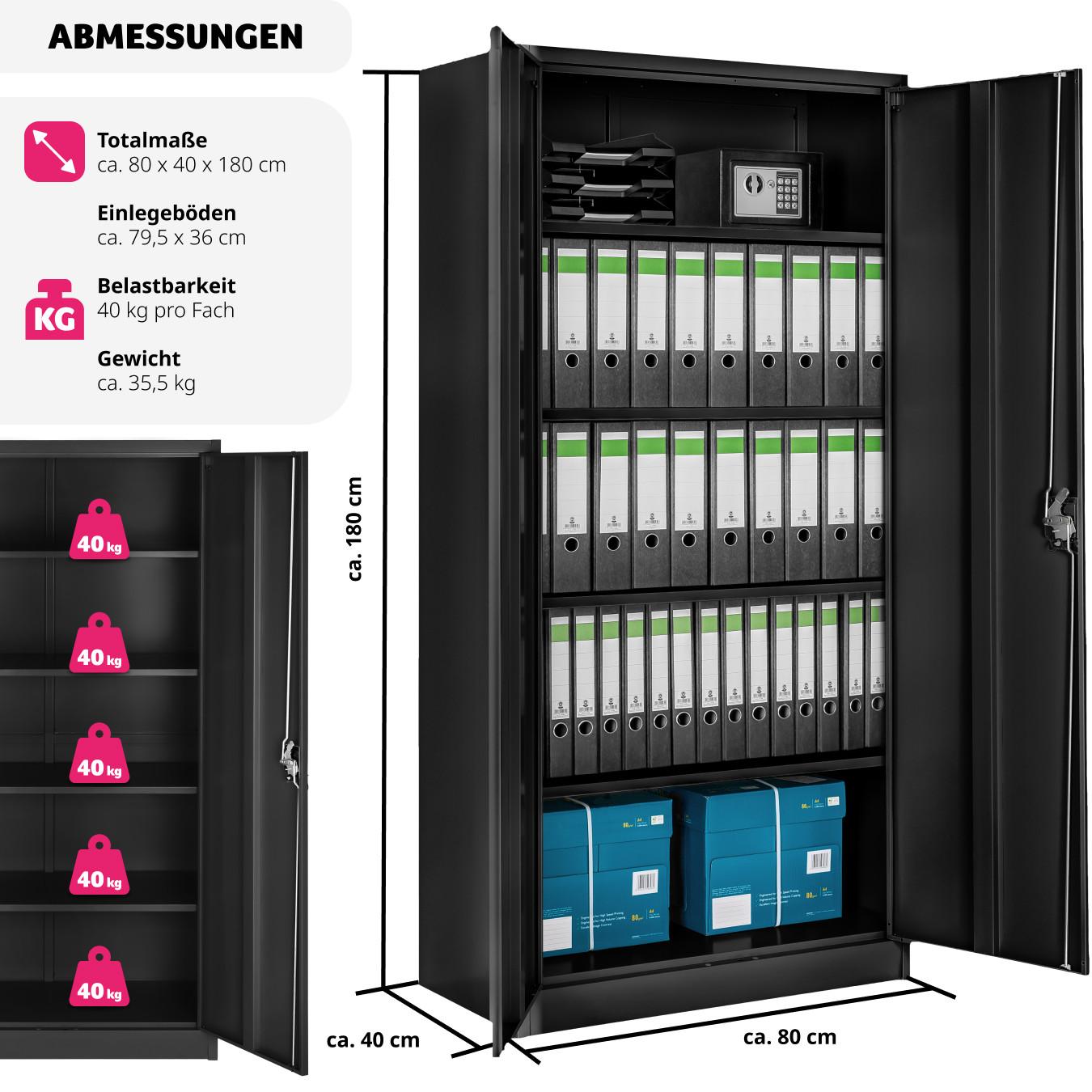 Tectake Aktenschrank Blain mit 5 Böden 40x80x180cm abschliessbar  