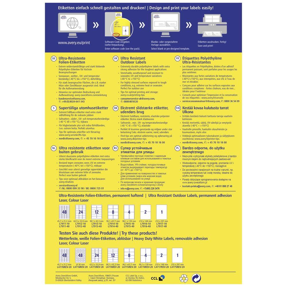 Avery-Zweckform Avery Zweckform Ultra-Resistente Folien-Etiketten, 210 x 297 mm, Laser s/w, Farblaser, extrem  